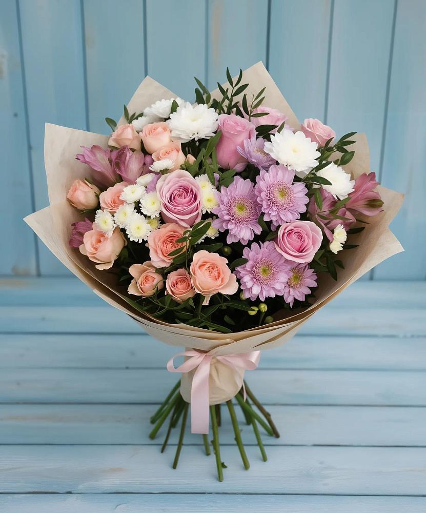 Букет цветов из: Хризантемы, Розы и Альстромерии в Коксовом