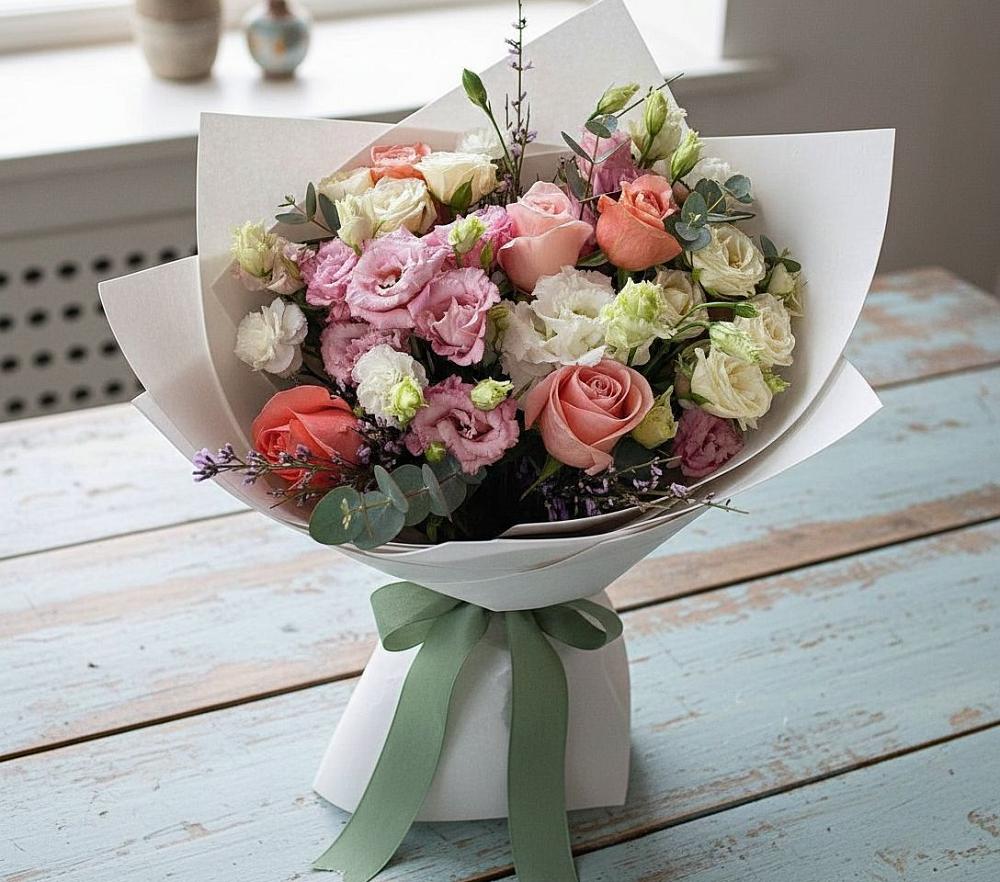 Букет цветов из: Розы, Лизиантусы и Гвоздики в Коксовом