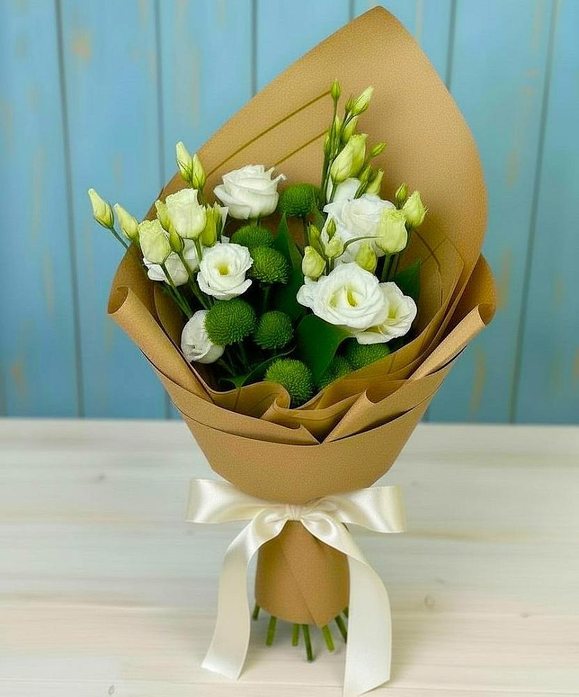 Букет цветов из: Хризантемы и Лизиантусы в Коксовом