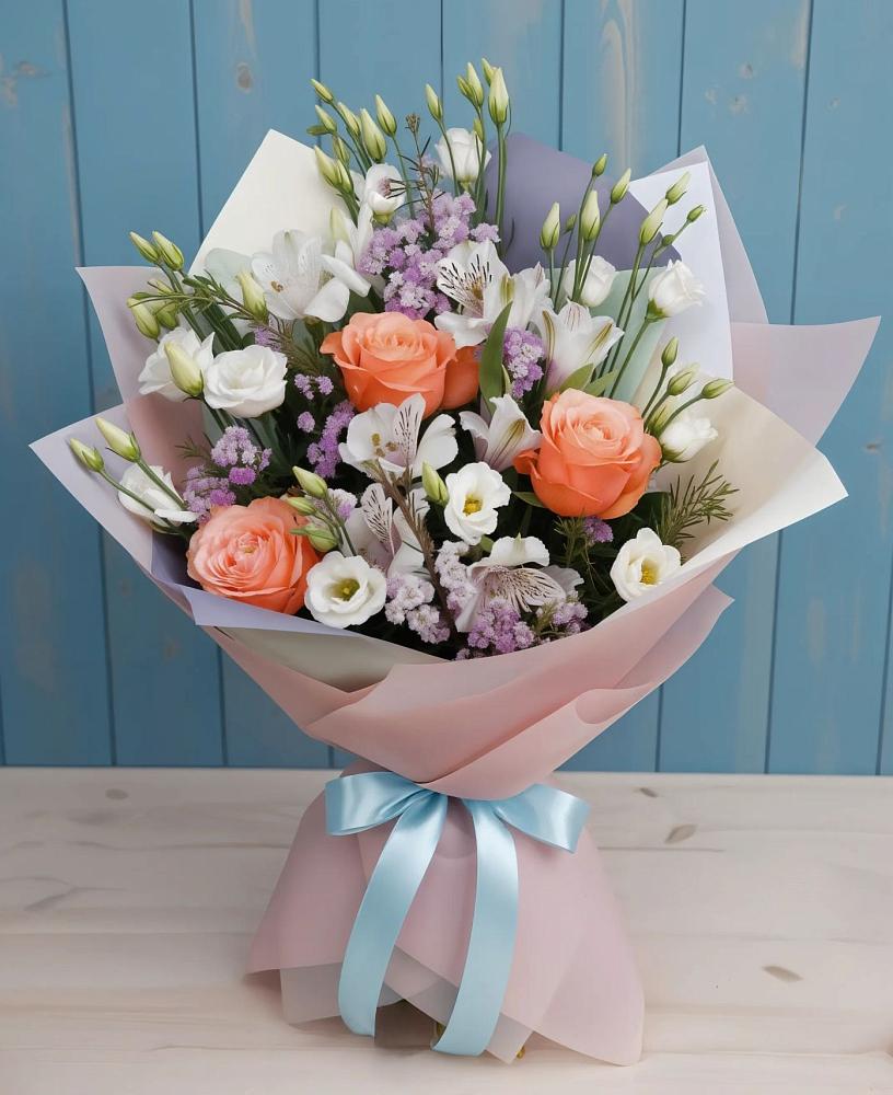 Букет цветов из: Лизиантусы, Розы, Альстромерии и Гипсофила в Коксовом