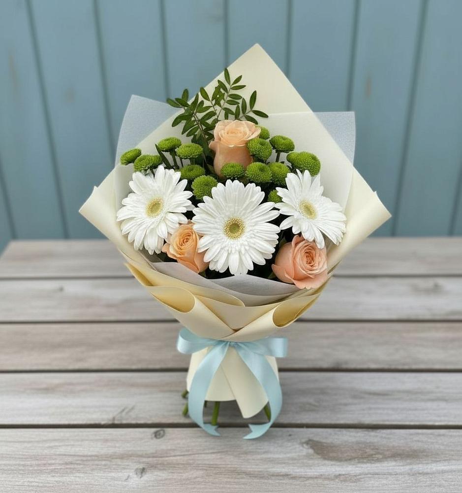 Букет цветов из: Герберы, Розы и Хризантемы в Коксовом