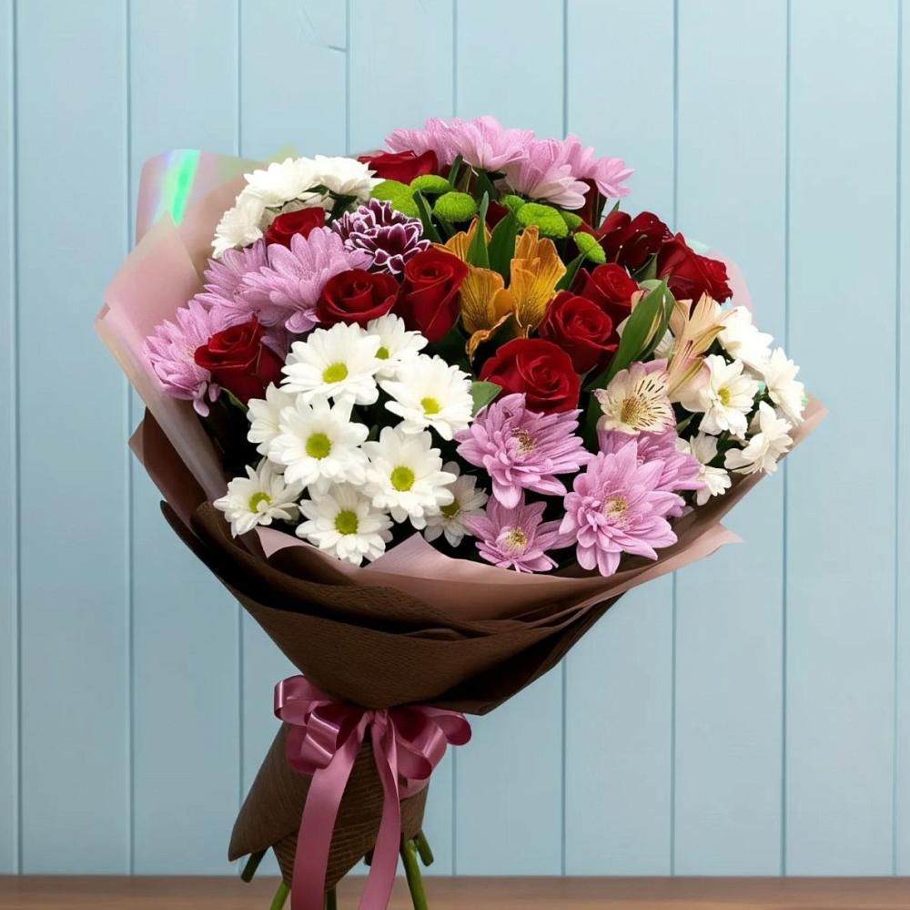 Букет цветов из: Розы, Хризантемы и Альстромерии в Коксовом