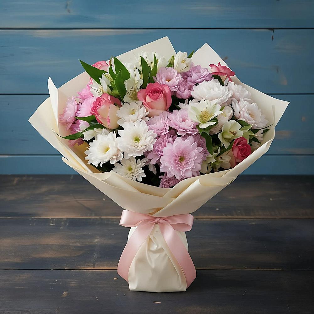 Букет цветов из: Хризантемы, Альстромерии и Розы в Коксовом